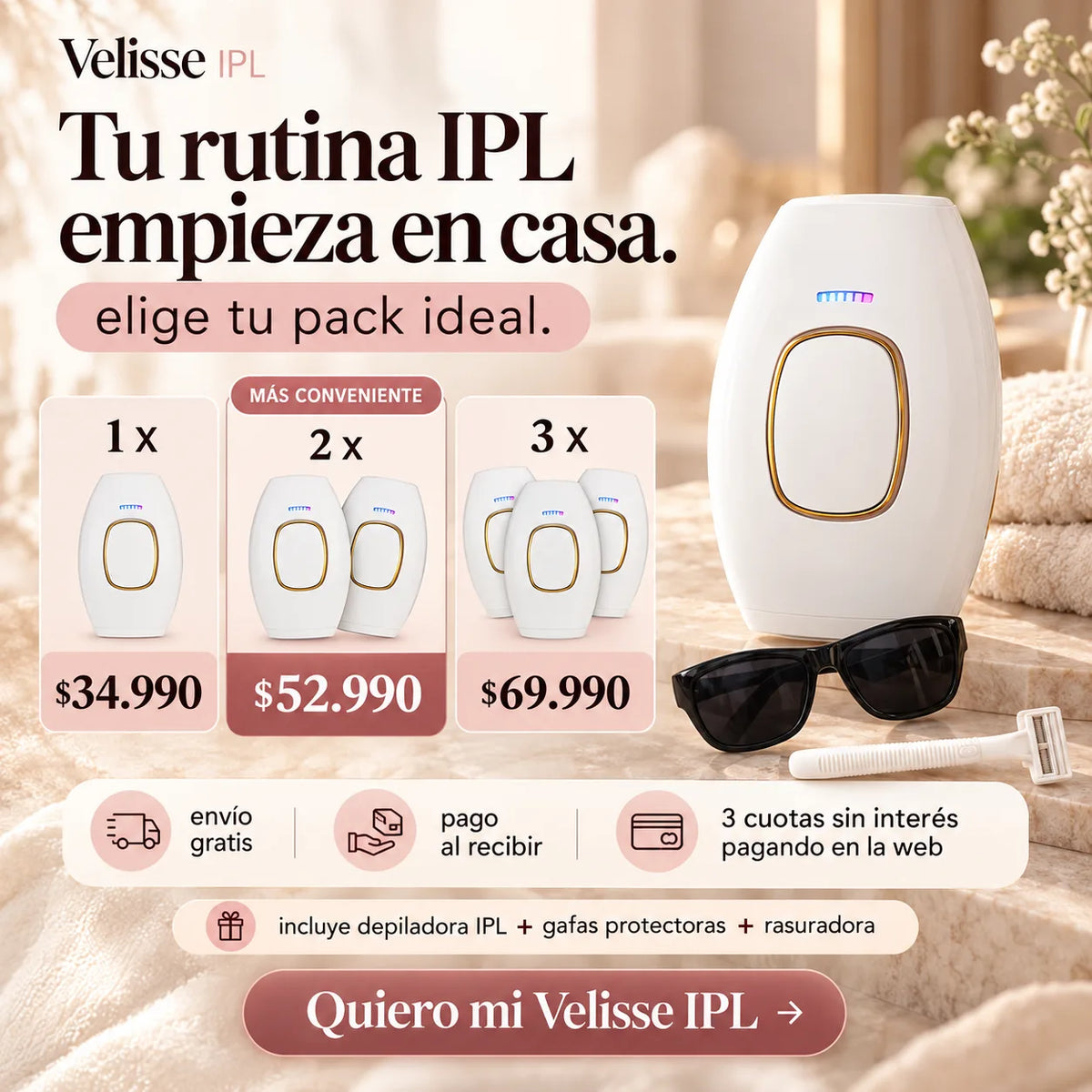 . Velisse IPL - Ahorra tiempo y dinero, luce una piel más suave desde casa.