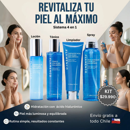 Kit Facial Flamenco 4 en 1 – Set con Ácido Hialuronico para una piel hidratada, iluminada y revitalizada
