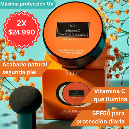 . 2X1 Base TUZ Vitamina C + FPS 50 + Air Cushion – Corrige, ilumina y unifica tu piel al momento (Tono natural)