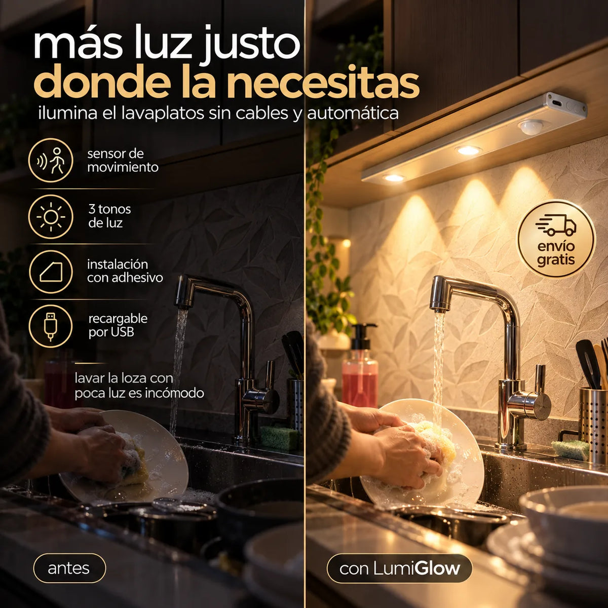 LumiGlow - Transforma tus espacios con luz elegante, sin cables y automática