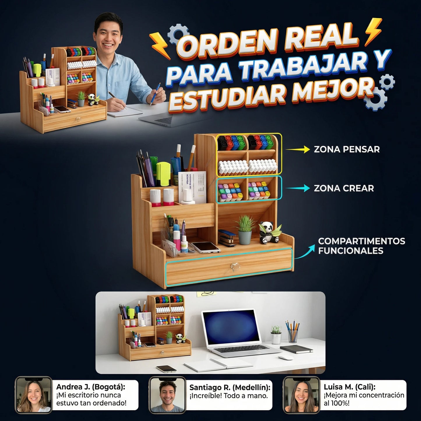 FocusDesk Pro - Organizador multifuncional - Ordena tu escritorio y encuentra todo para trabajar o estudiar