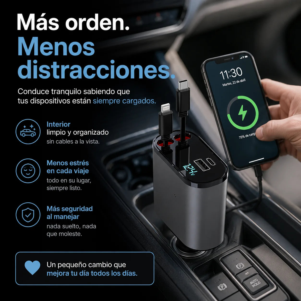 . Orvion Drive – Mantén tu auto ordenado y carga tus dispositivos sin cables enredados.