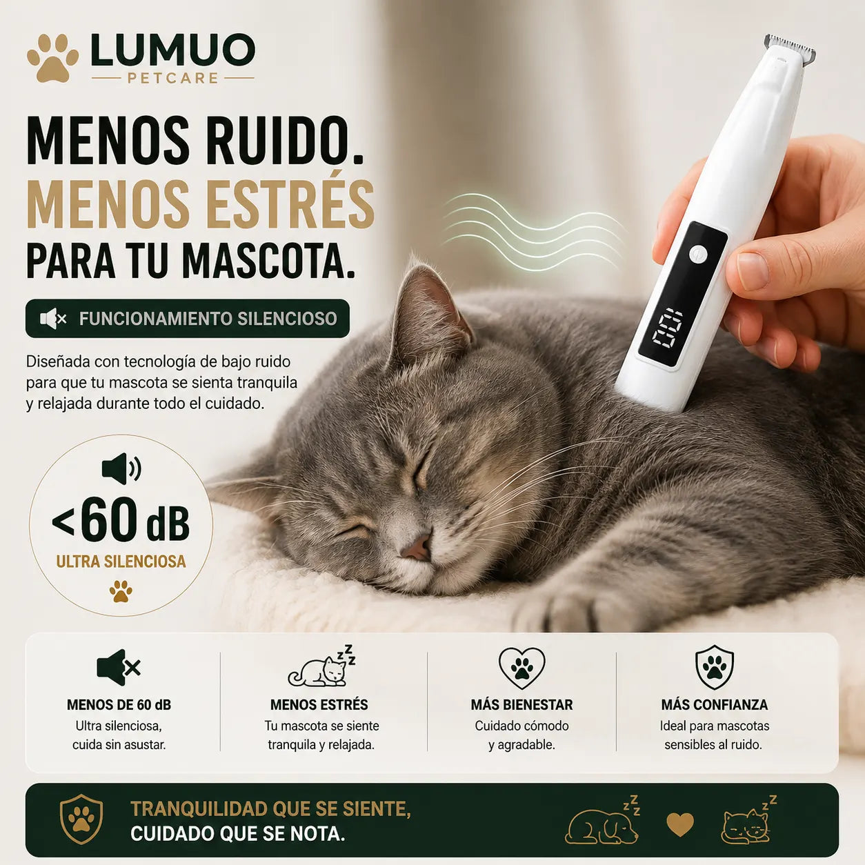 . LUMUO Petcare - Recorte preciso y silencioso para mascotas más tranquilas