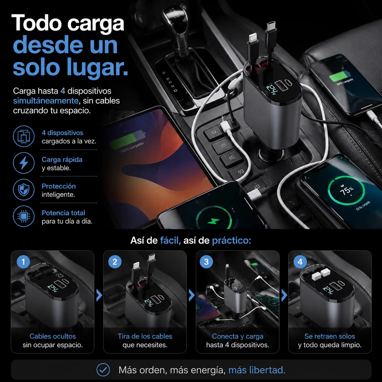 . Orvion Drive – Mantén tu auto ordenado y carga tus dispositivos sin cables enredados.