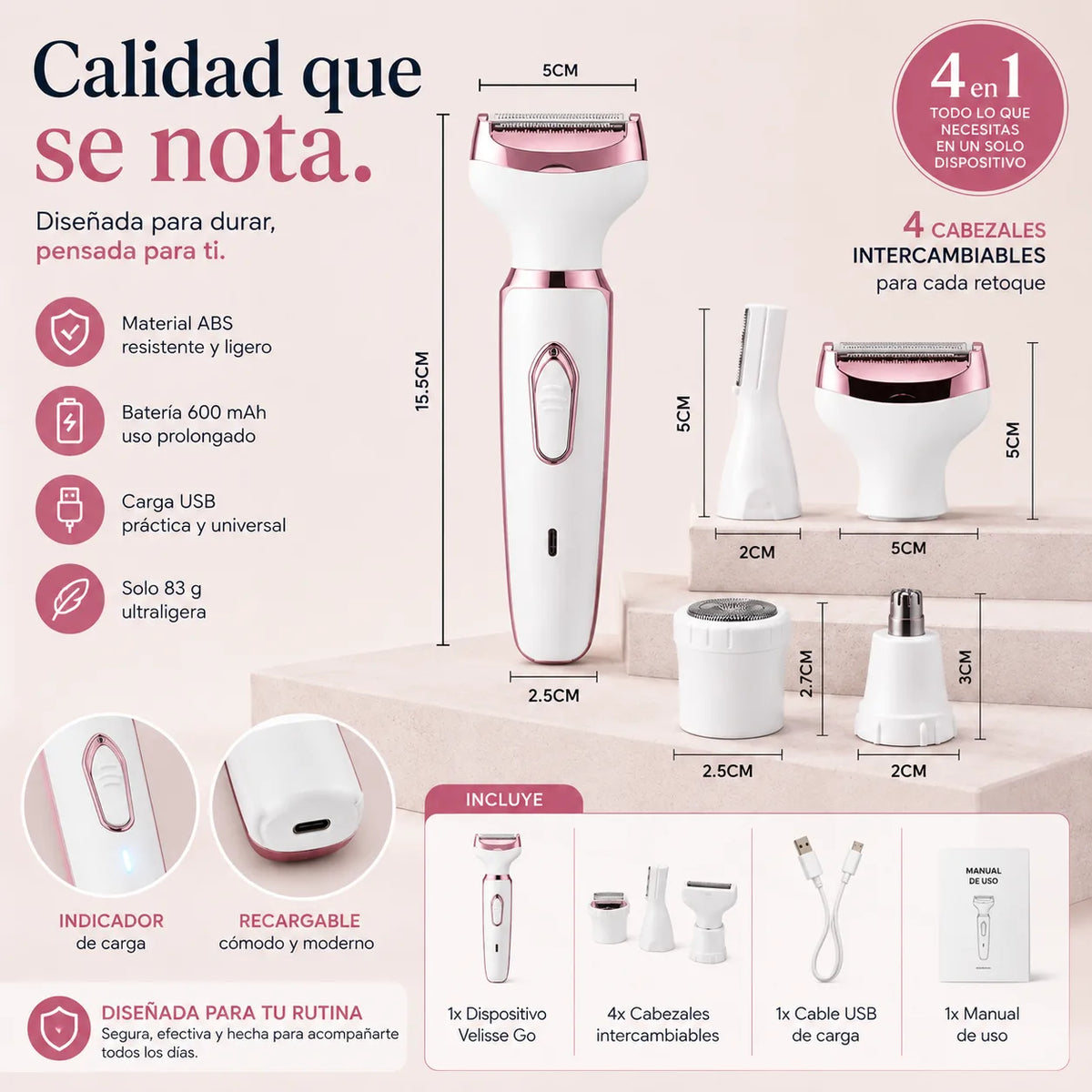. Velisse Go - Tu 4 en 1 para una rutina de depilación más práctica.