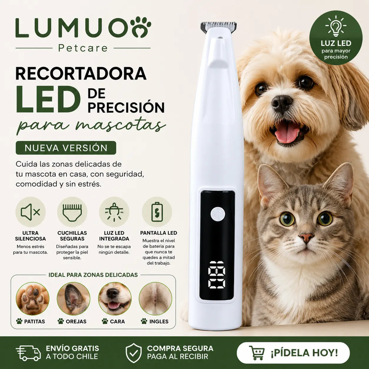 . LUMUO Petcare - Recorte preciso y silencioso para mascotas más tranquilas