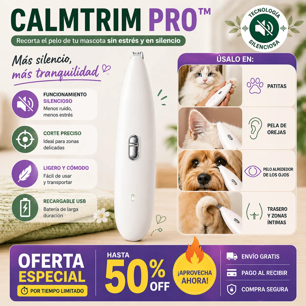 . CalmTrim Pro - Recorte preciso y silencioso para mascotas más tranquilas