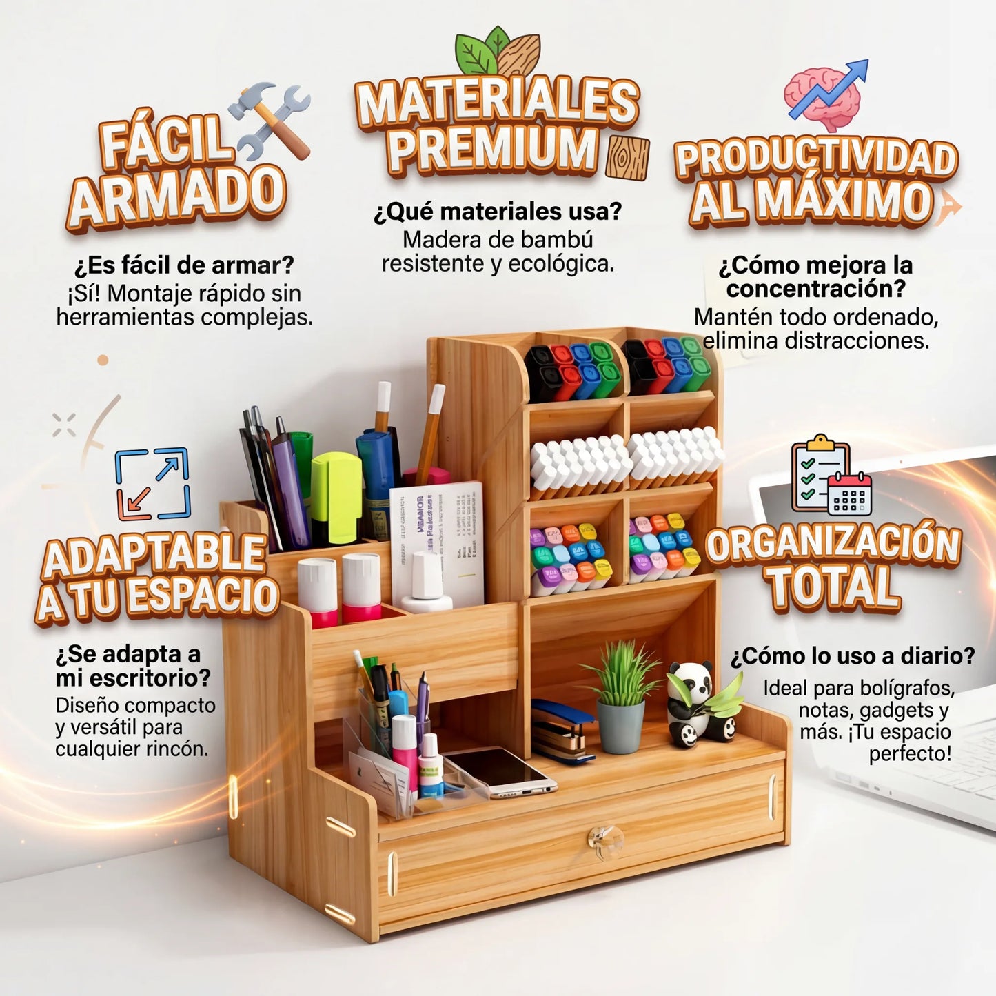 FocusDesk Pro - Organizador multifuncional - Ordena tu escritorio y encuentra todo para trabajar o estudiar