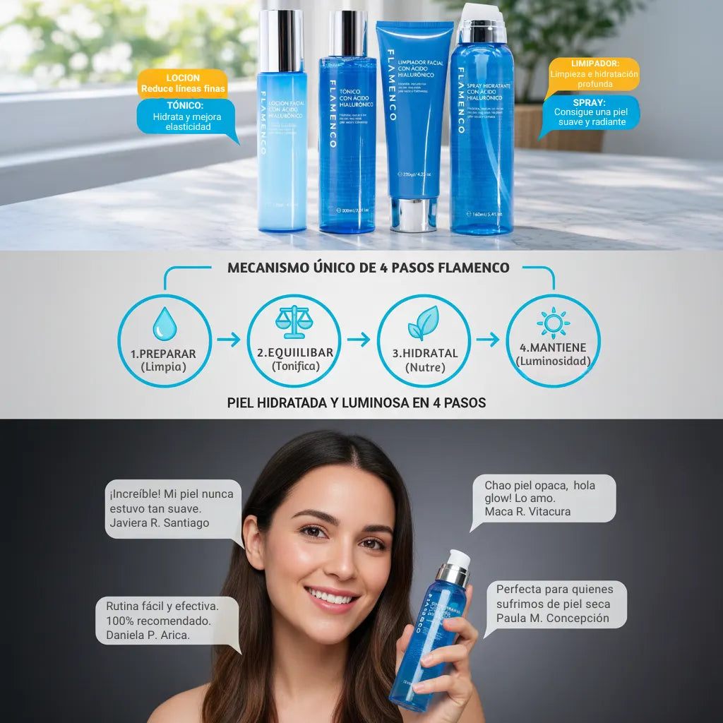 Kit Facial Flamenco 4 en 1 – Set con Ácido Hialuronico para una piel hidratada, iluminada y revitalizada