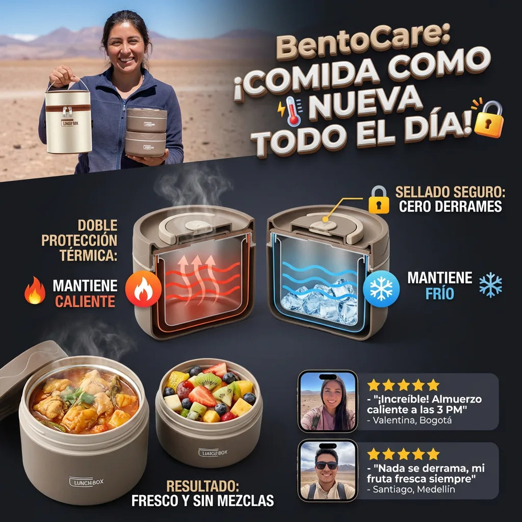 BentoCare - Conserva la comida caliente o fría con sellado seguro ideal para el colegio o la oficina.
