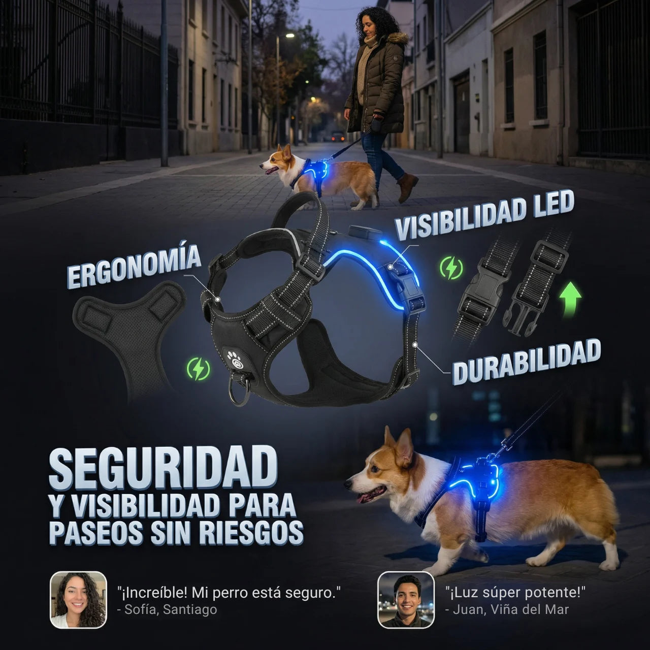 Arnés Ergonómico Guardian LED - Seguridad y visibilidad para paseos sin riesgos