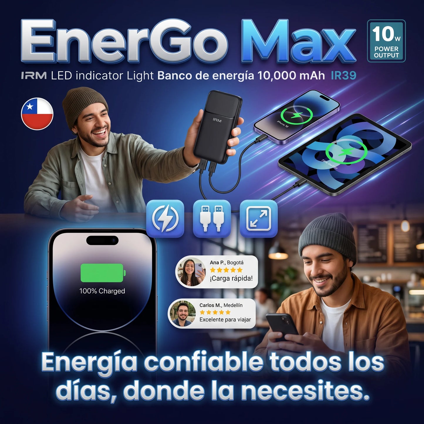 EnerGo Max - 10.000 mAh de energía confiable donde la necesites
