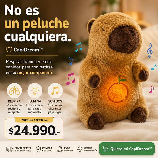 . CapiDream™-Un abrazo que calma y acompaña. Capibara que respira, con luz y sonidos relajantes.  ¡Stock limitado!