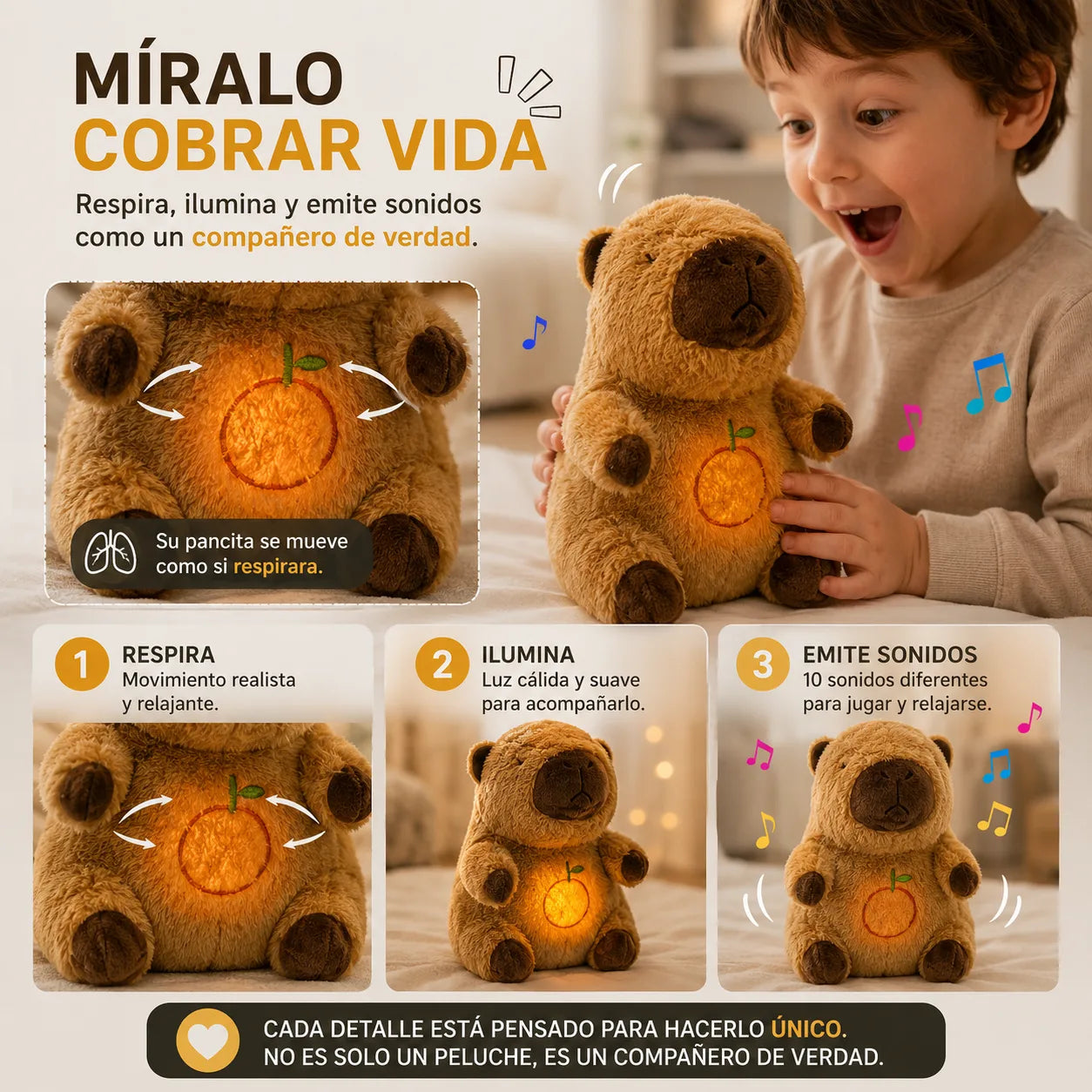 . CapiDream™-Un abrazo que calma y acompaña. Capibara que respira, con luz y sonidos relajantes.  ¡Stock limitado!