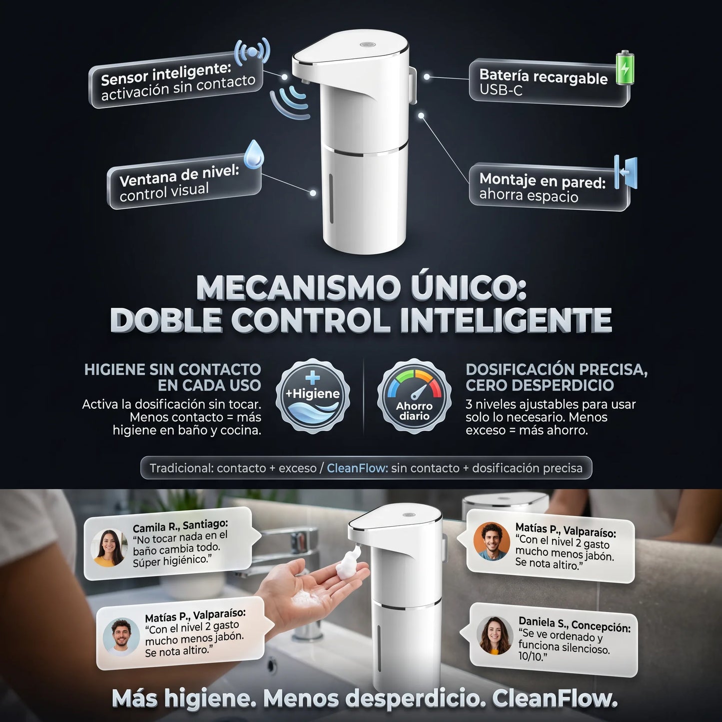 . Dispensador CleanFlow - Higiene sin contacto y sin desperdiciar jabón