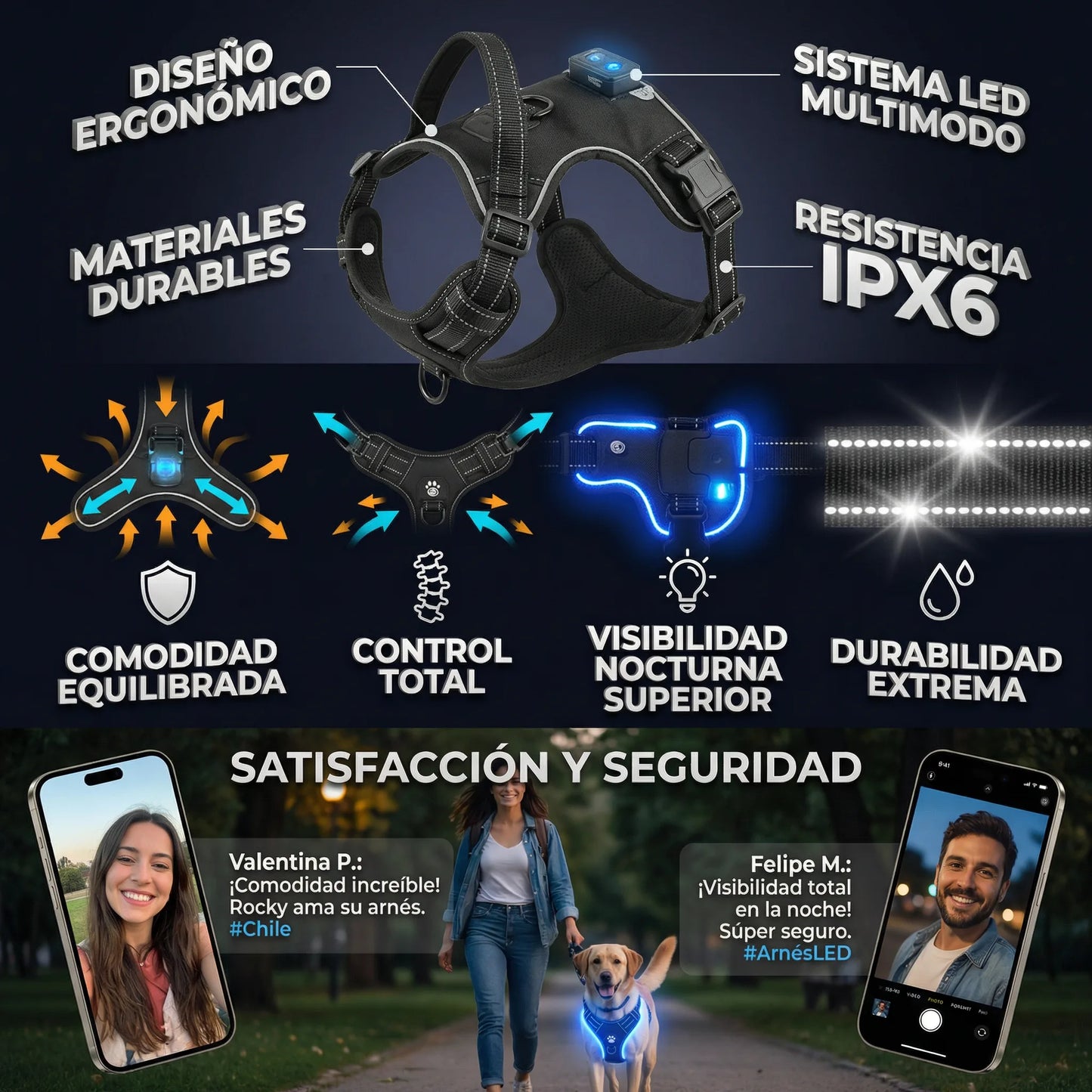 Arnés Ergonómico Guardian LED - Seguridad y visibilidad para paseos sin riesgos