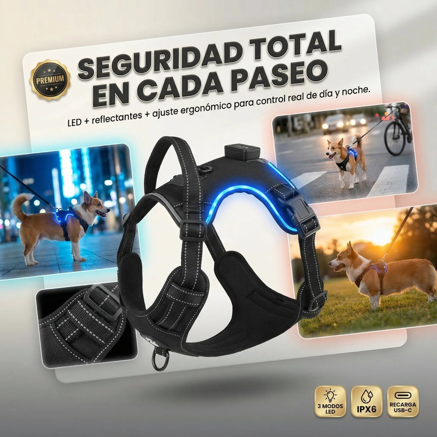 Arnés Ergonómico Guardian LED - Seguridad y visibilidad para paseos sin riesgos